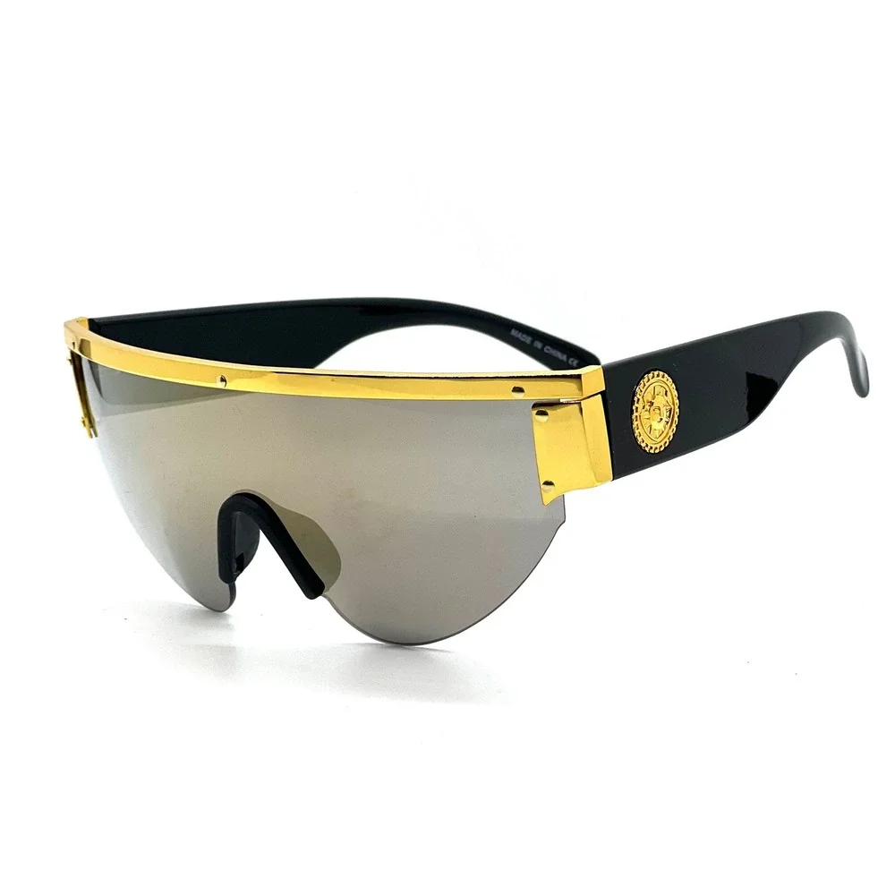 Shield Sunglasses Black Gold Mirror Accents Sun Glasses Beach Sun Protection New